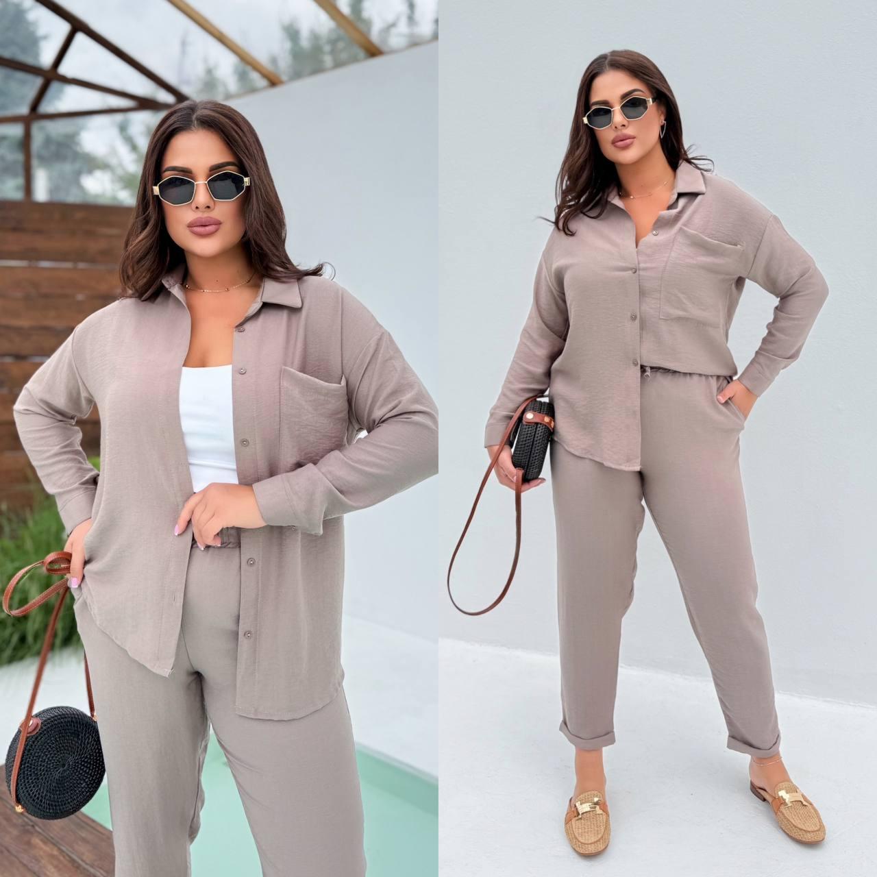 Кавовий жіночий лляний прогулянковий костюм батал: сорочка та штани на гумці, фото 1
