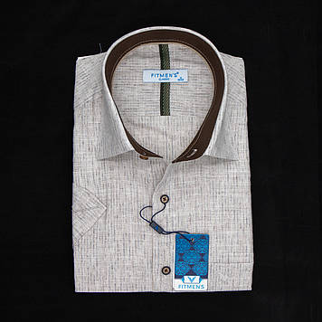 Сорочка чоловіча, прямого покрою, з коротким рукавом, FITMENS FS-003427 BEJ 70% льон 30% бавовна M(Р)