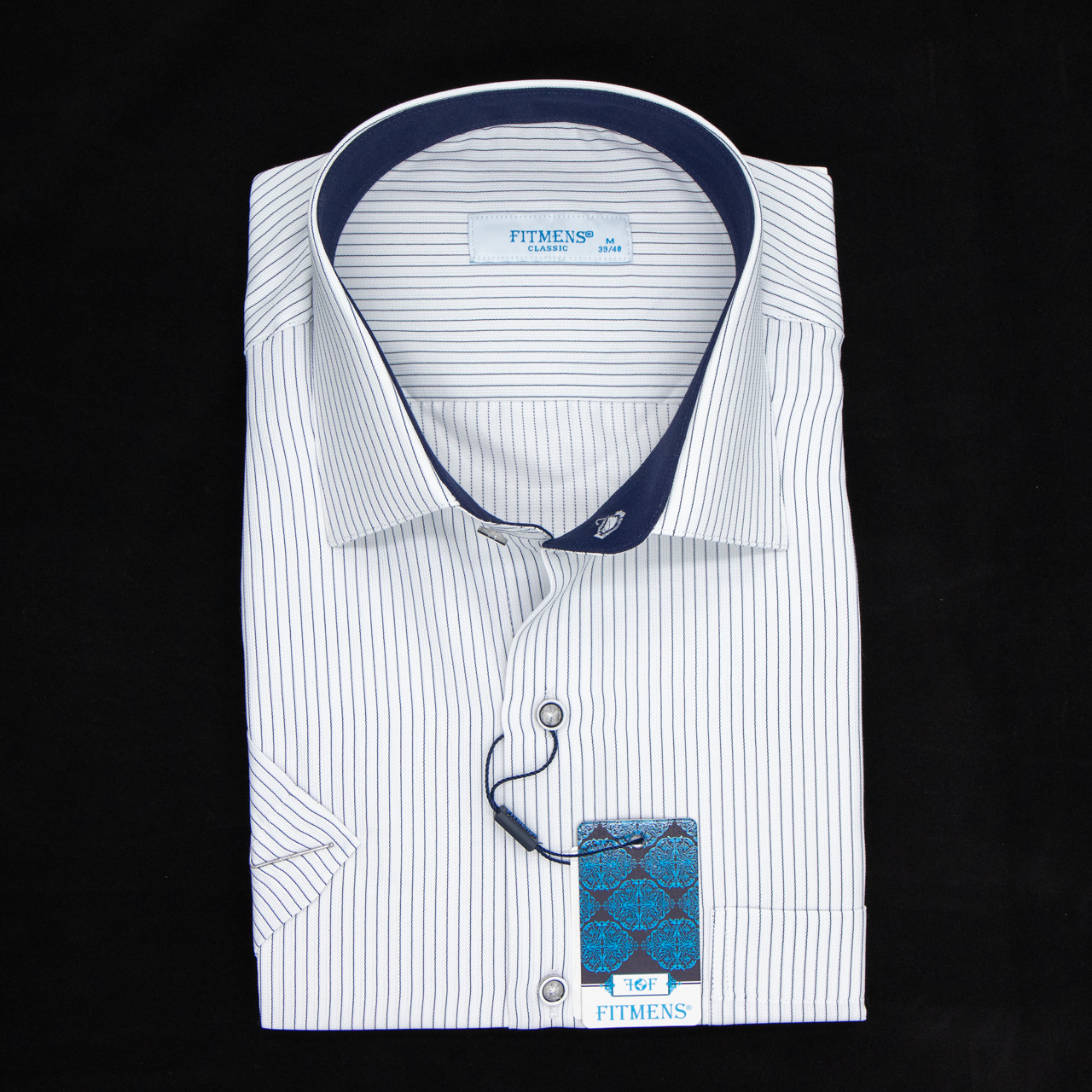 Сорочка чоловіча, прямого покрою, з коротким рукавом, FITMENS FS-002476 Beyaz Lacivert 90% бавовна 10%, фото 1