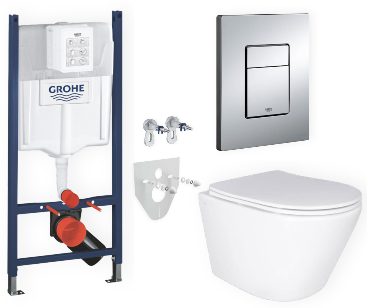 Комплект 5в1: інсталяція Grohe + безобідковий підвісний унітаз Swan, білий + клавіша хром глянцева