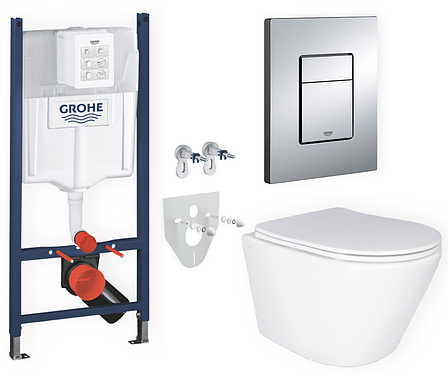 Комплект 5в1: інсталяція Grohe + безобідковий підвісний унітаз Swan, білий + клавіша хром глянцева, фото 1