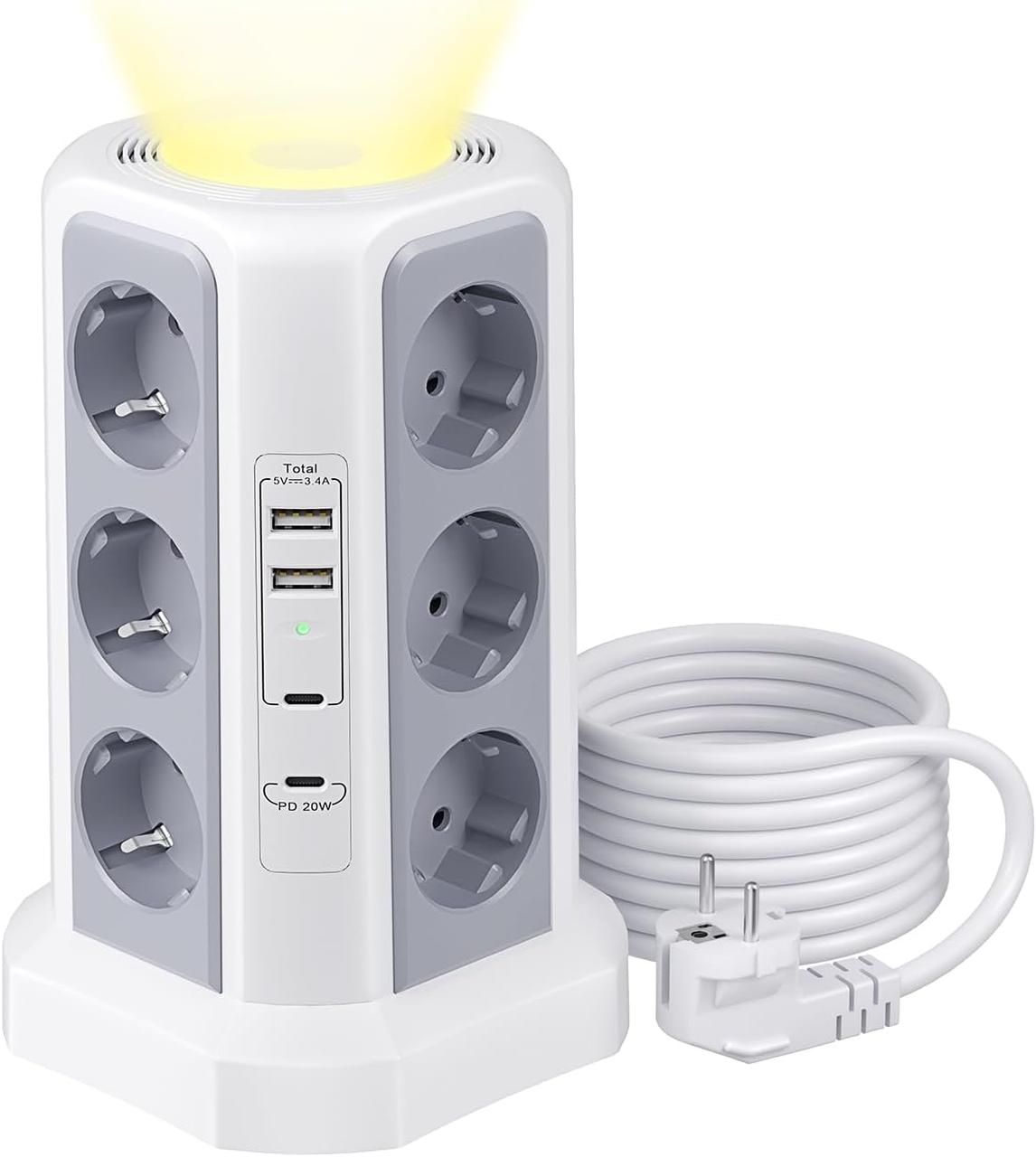 Подовжувач на 12 розеток (4000 Вт/16 А) з 20 Вт USB C PD, Power Tower, мережевий фільтр з 4 USB-перемикачами,
