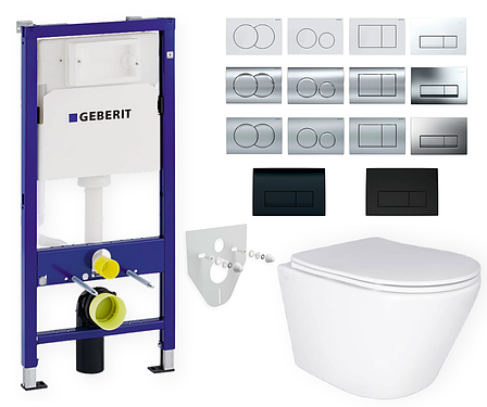 Комплект 5в1: інсталяція Geberit + безобідковий підвісний унітаз Swan, білий + клавіша на вибір, фото 1