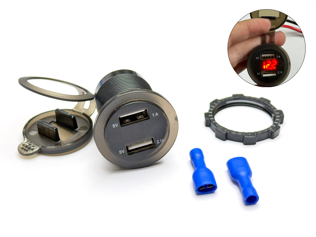 USB розетка A16R автомобільна кругла врізна з вольтметром (12-24В, 2 USB, 3.1A, з кришкою, з червоним підсвічуванням), фото 1