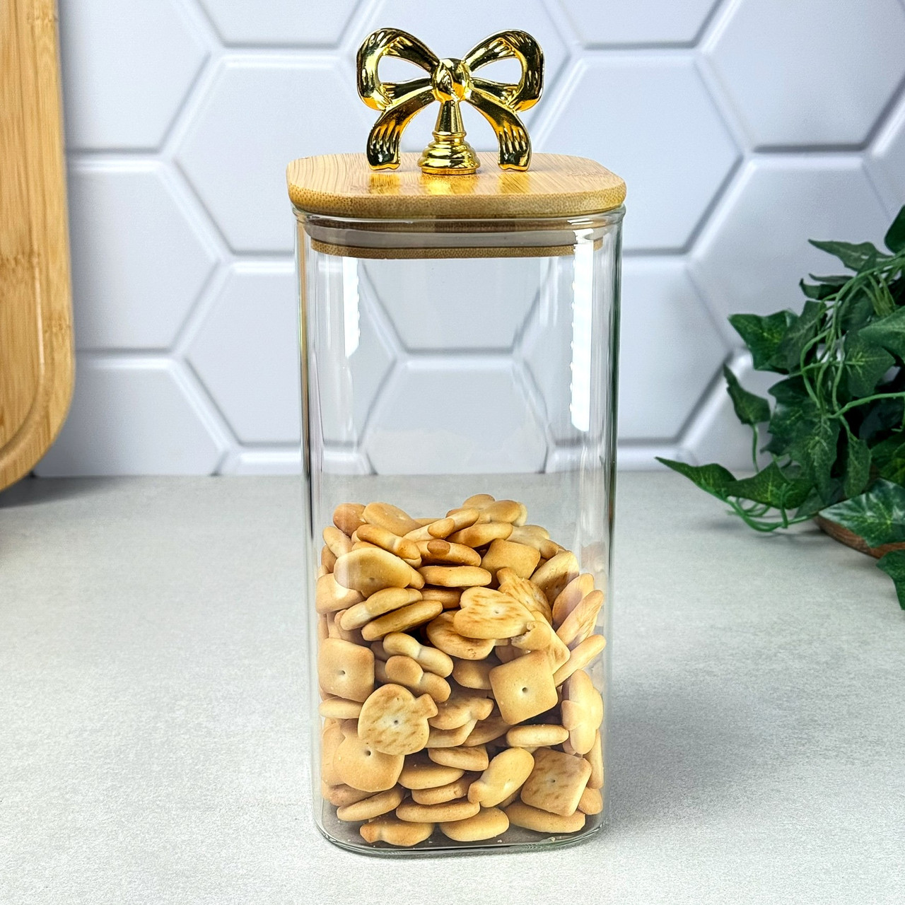 Банка скляна квадратна для сипучих 1.5 л Rosett з бамбуковою кришкою, фото 1