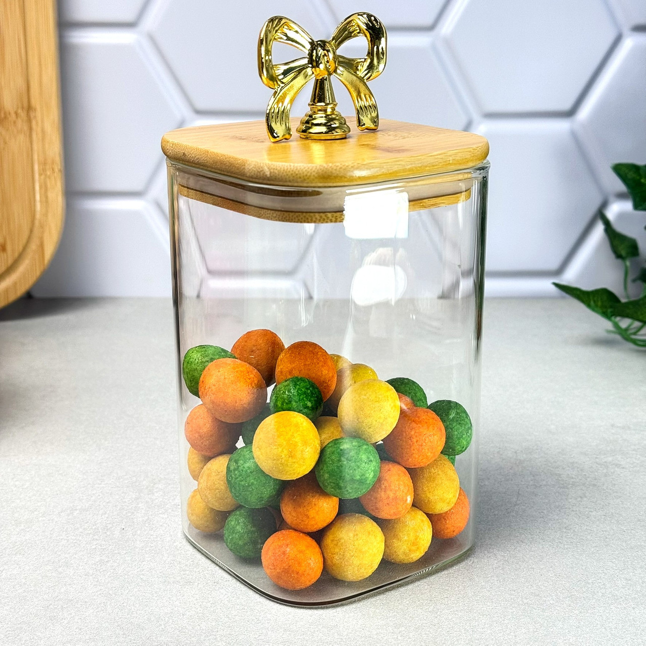 Банка для зберігання Rosett скляна квадратна 1.15 л з бамбуковою кришкою та золотою ручкою