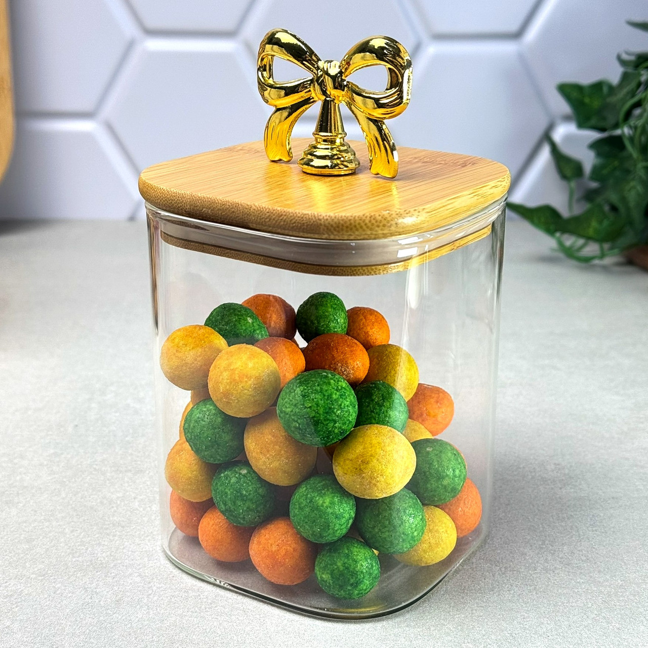 Банка для зберігання Rosett скляна квадратна 900 мл з бамбуковою кришкою та золотою ручкою