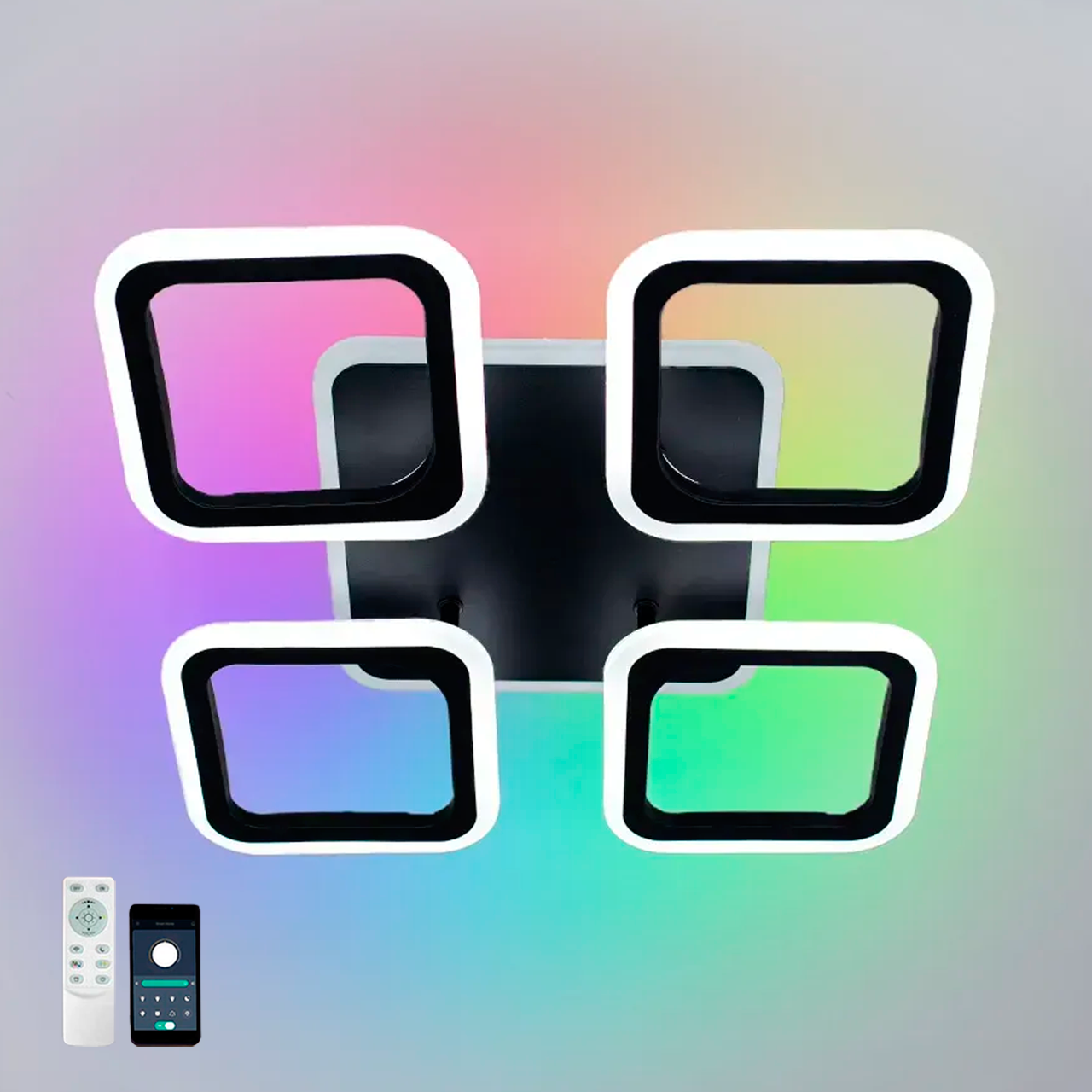 Керована світлодіодна LED люстра ROOM RGB 70W 4S SMART Esllse чорна 385×385×75мм з пультом і додатком для смартфону 6000Lm BLACK, фото 1