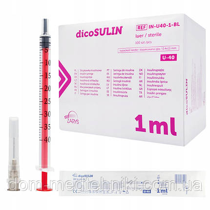 Шприц інсуліновий dicoSULIN U-40 на 1 мл. зі знімною голкою Luer (0,4 х 13 мм), 100 шт., фото 1