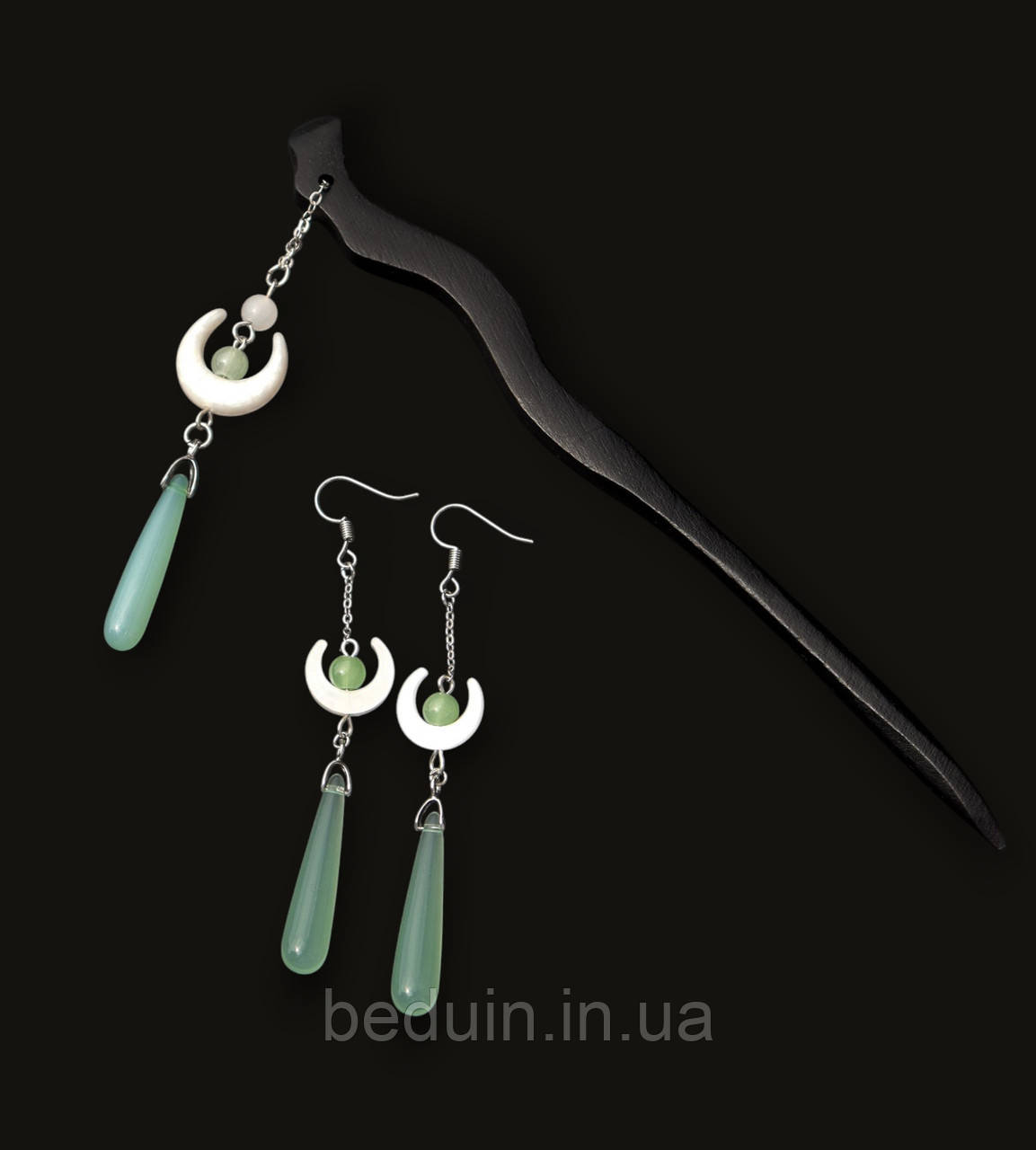 Комплект азійська дерев'яна шпилька + сережки "Луна" — Aushal Jewellery