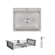 Комплект Lidz Handmade H6050 Мийка для кухні інтегрована Brushed у комплекті з дозатором + Lidz K01G Корзина