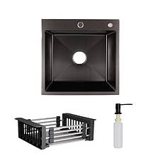 Комплект Lidz Handmade H5050B Мийка для кухні інтегрована BlackPVD у комплекті з дозатором + Lidz K01B Корзина