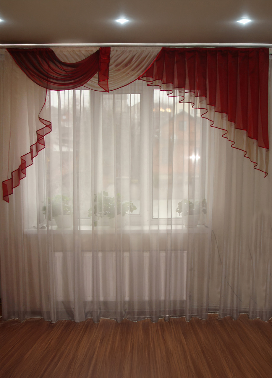 Ламбрекен Firanka Асиметрія карниз 250см бордовий з бежевим (20_3_2,5м), фото 1