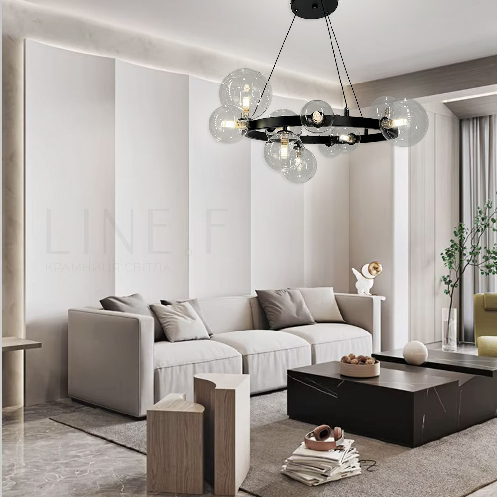 Кільцева люстра з 10 прозорими плафонами в чорному корпусі Ø 70 см | Line F | Арт. AT32/10R BK+CL, фото 1