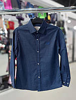 Детская школьная синяя рубашка 122 - 128см с длинным рукавом для мальчика с воротником на пуговицах для школы
