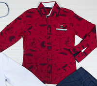 Нарядная красная хлопковая рубашка с длинным рукавом на 5-6 л, детские красивые яркие рубашки в садик школу