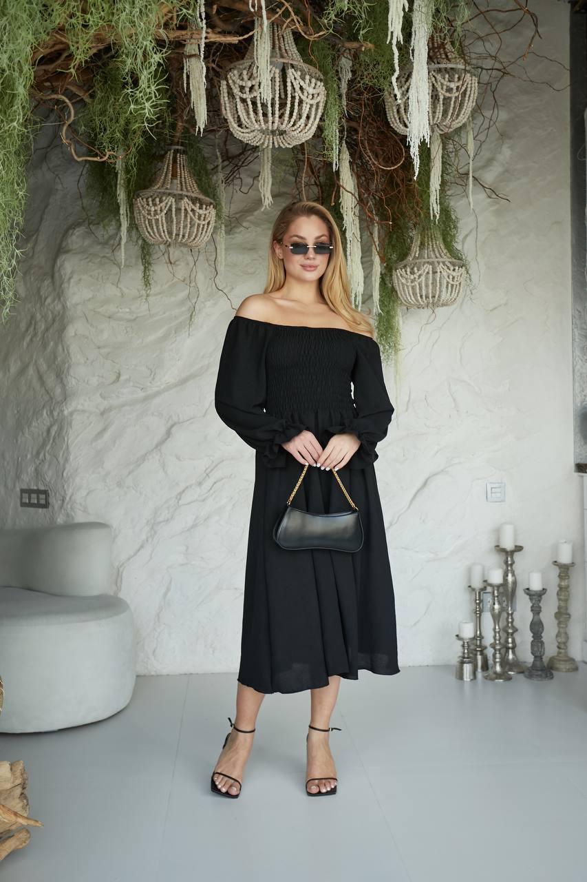 Розкішна літня чорна сукня з відкритими плечима, довгими рукавами, корсетною талією з креп-жатки, фото 1