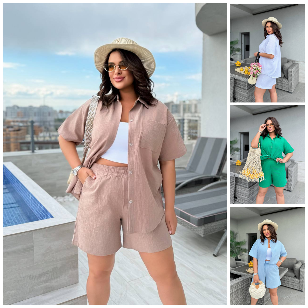 48-60 Літній лляний жіночий костюм сорочка з шортами, фото 1