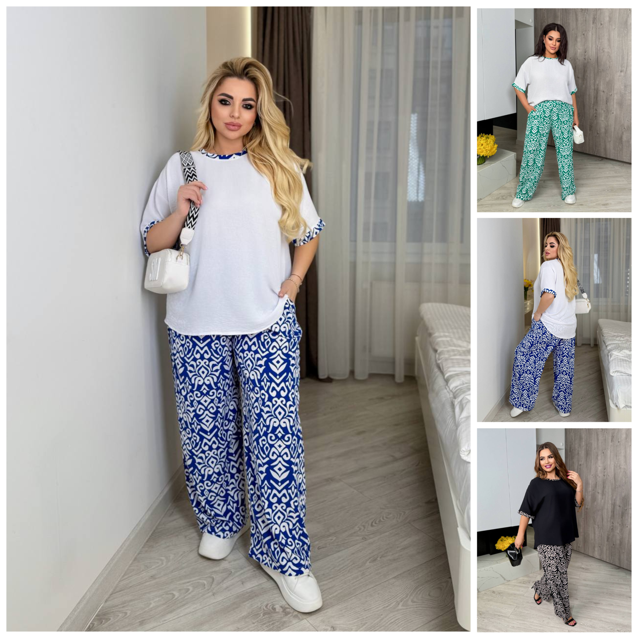 48-60 Жіночий літній повсякденний костюм футболка зі строкатими штанами, фото 1