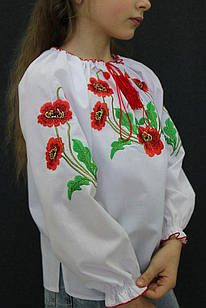 Вишита блузка з маками в українському стилі Марічка, біла, бавовна, довгий рукав, на дівчинку 4,5,6,7,8,9 років