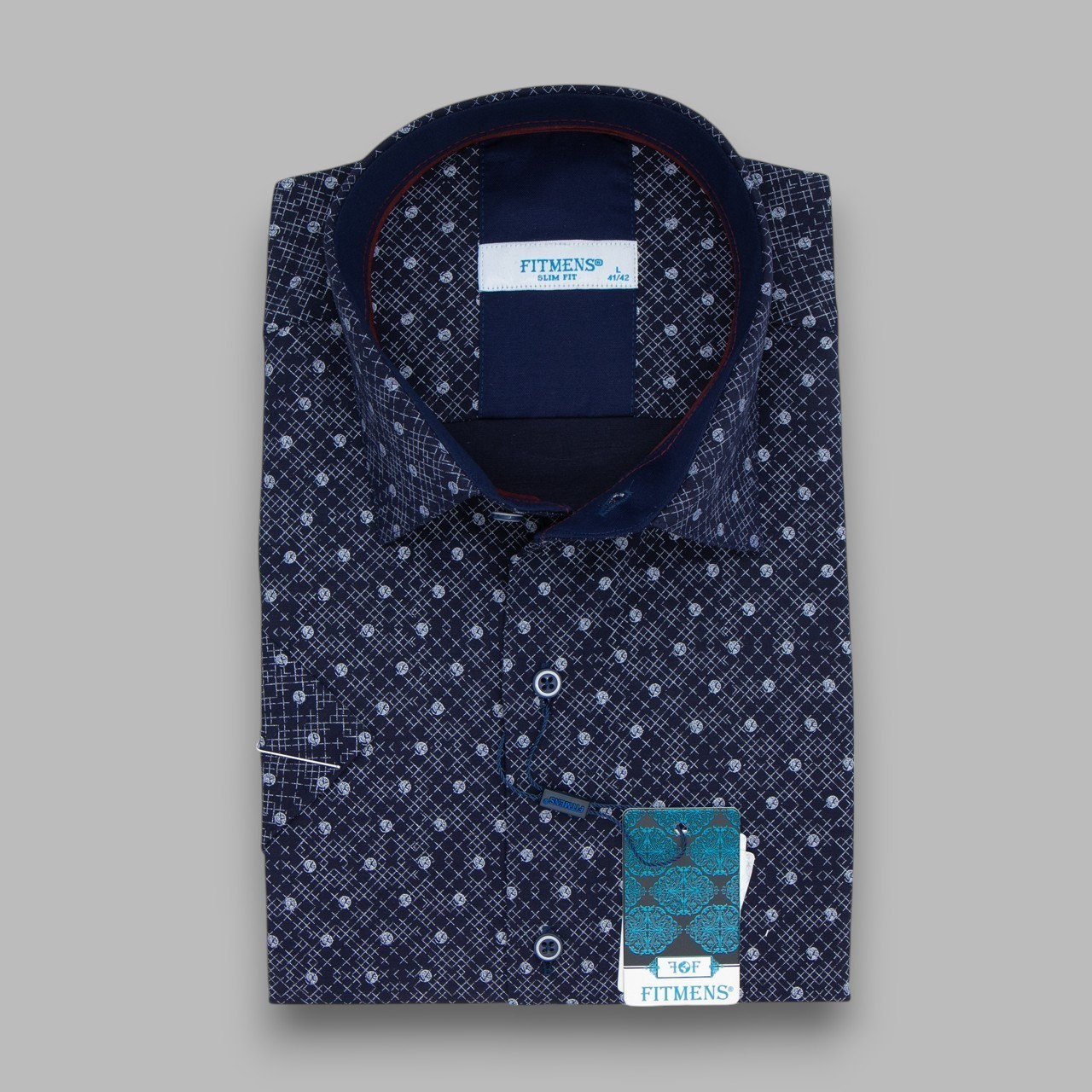 Сорочка чоловіча, приталена (Slim Fit), з коротким рукавом, FITMENS FS-001088 LACIVERT 97% бавовна 3% еластан