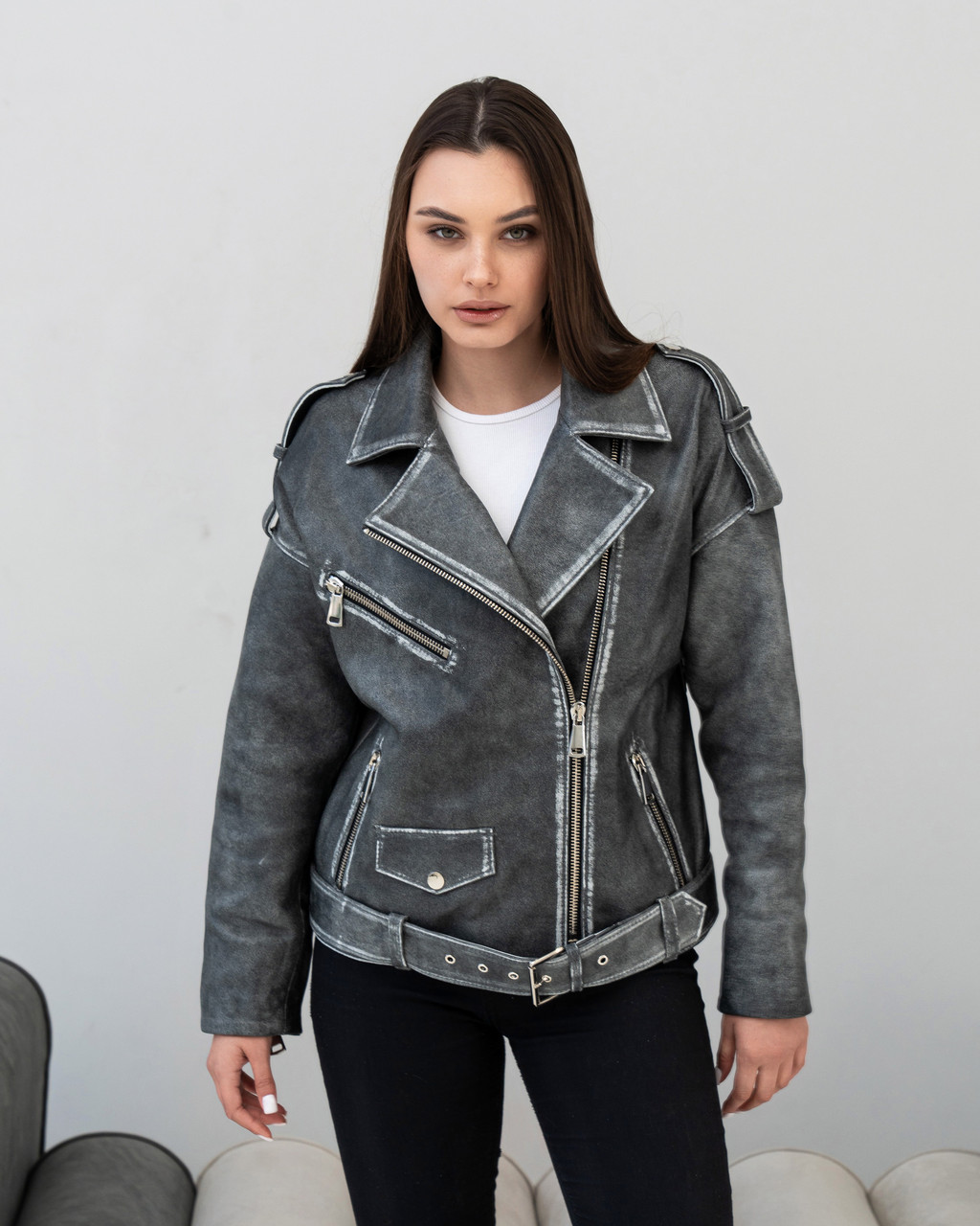 Шкіряна Куртка "Vintouch Grey Biker" 40/XS, фото 1