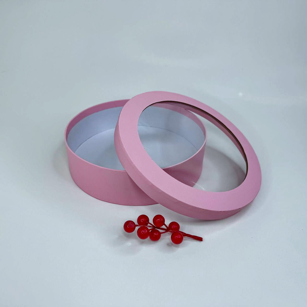 ▶ УЦІНКА! Кругла коробка для зефіру, Ø22*6 см, з вікном, рожева, фото 1