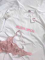 Базова футболка жіноча з вишитим написом, чорна, біла, рожева "BALLERINA CUPPUCINA"