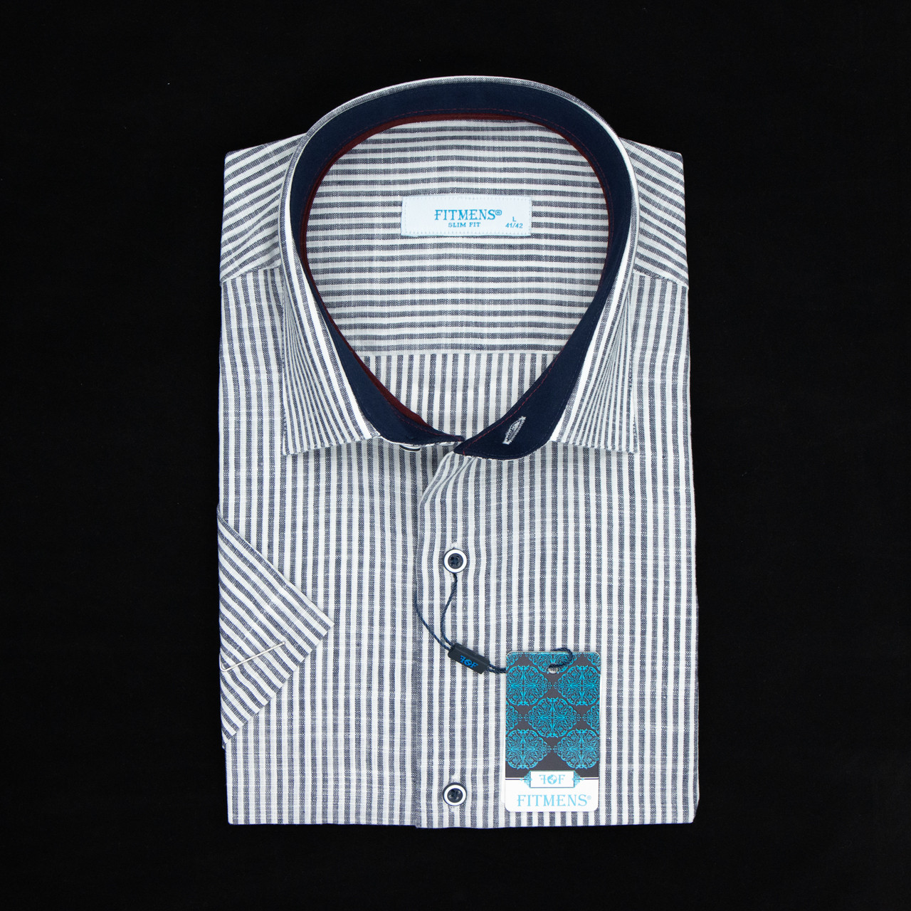 Сорочка чоловіча, приталена (Slim Fit), з коротким рукавом, FITMENS FS-001273 LACIVERT 100% льон L(Р), фото 1