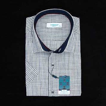 Сорочка чоловіча, приталена (Slim Fit), з коротким рукавом, FITMENS FS-001273 LACIVERT 100% льон L(Р)
