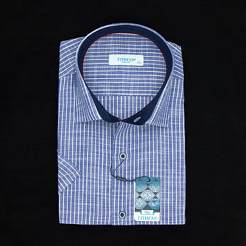 Сорочка чоловіча, приталена (Slim Fit), з коротким рукавом, FITMENS FS-001274 Saks Mavi Beyaz 100% льон L(Р)