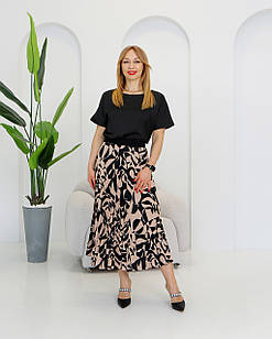 Жіноча плісирована спідниця міді Стейсі бежева принт №2 літня, костюмний шовк