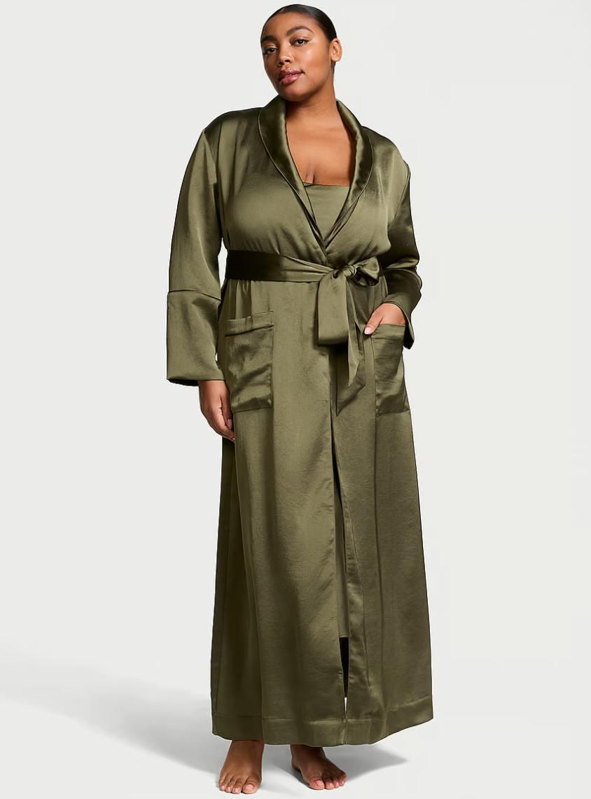 Шовковий халат Victoria's Secret Luxe Satin Long Robe Довгий, Глибокий оливковий, фото 1