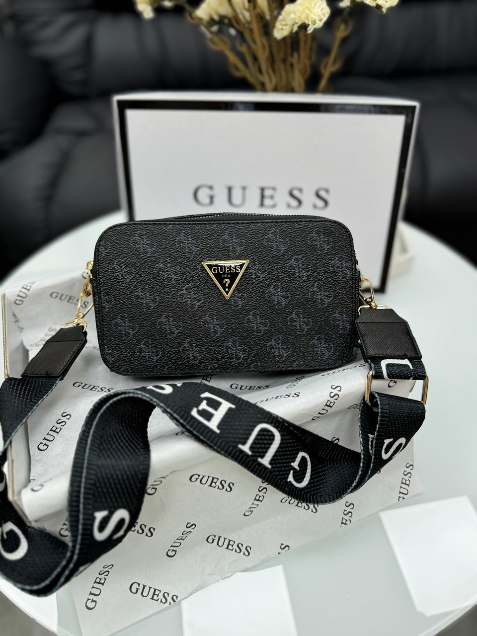 Жіноча сумка Guess The Snapshot Bag Black Чорна Екошкіра Крос Боді на 2 відділення широкий ремінь Гесс