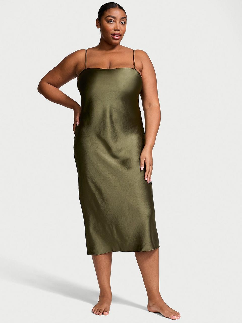 Нічна сорочка Сукня Victoria's Secret Luxe Satin Long Slip Dress Довга, Оливкова, фото 1