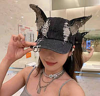 Джинсова бейсболка в готичному стилі,хіп-хоп ,панк-рок кепка з вушками для дівчини