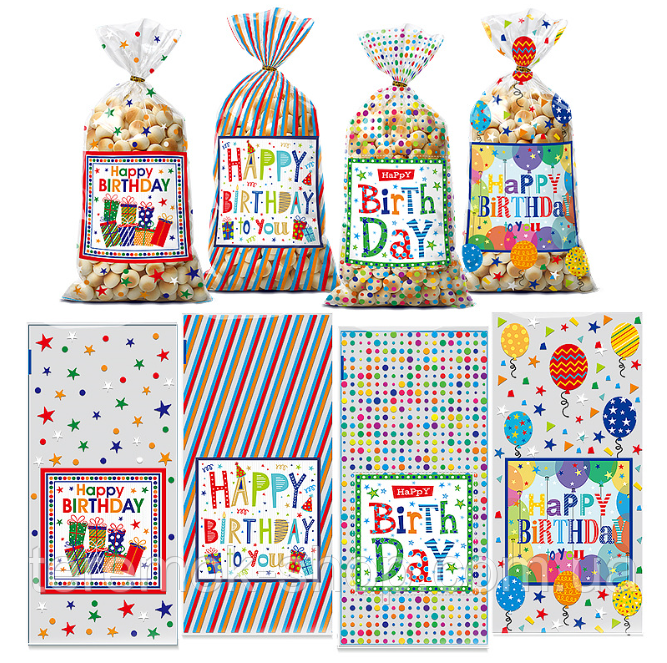 Пакети прозорі подарункові Happy birthday Асорті для солодощів фасувальні з затискачами 10 шт 27х12.5 см, фото 1