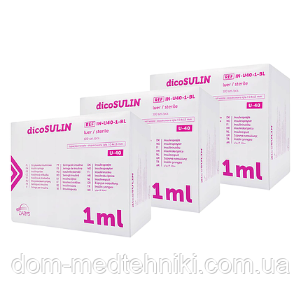Шприц інсуліновий dicoSULIN U-40 на 1 мл. зі знімною голкою Luer (0,4 х 13 мм), 300 шт., фото 1