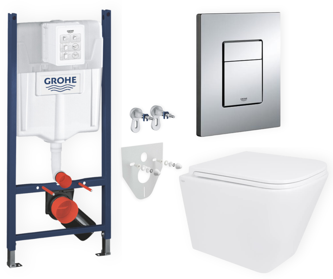 Комплект 5в1: інсталяція Grohe + безобідковий підвісний унітаз Tern, білий + клавіша хром глянцева