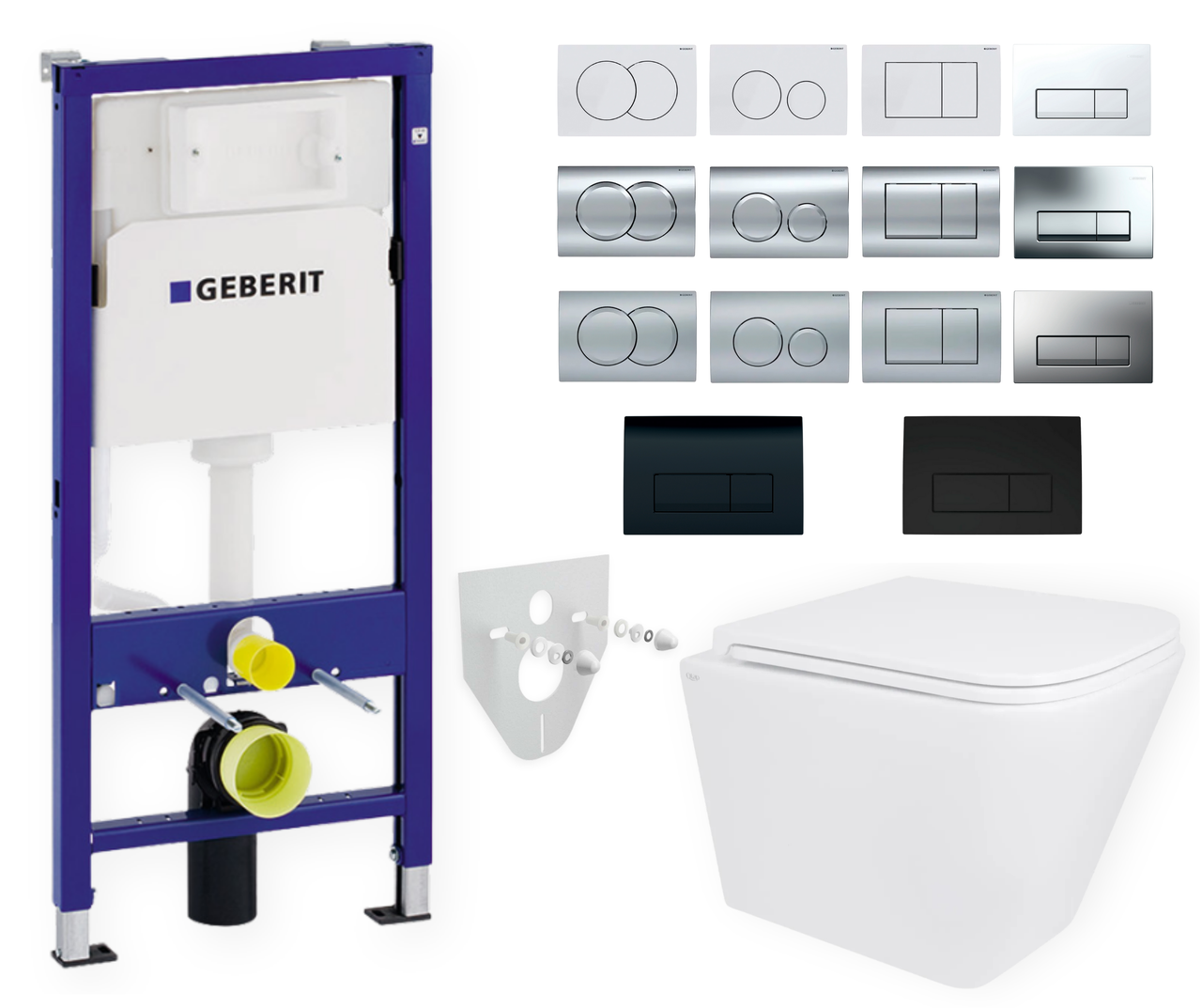 Комплект 5в1: інсталяція Geberit + безобідковий підвісний унітаз Tern, білий + клавіша на вибір