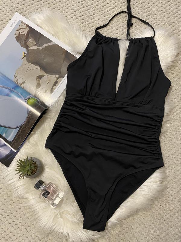 Чорний жіночий купальник з утяжкою та зав'язкою через шию, фото 1