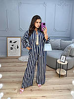 Жіночий літній брючний котоновий костюм у смужку (Батал), фото 3