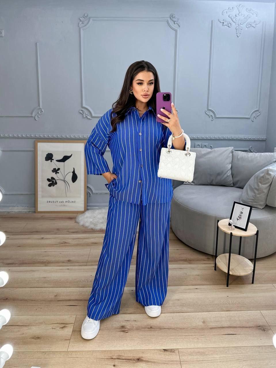 Жіночий літній брючний котоновий костюм у смужку (Батал), фото 1