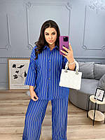 Жіночий літній брючний котоновий костюм у смужку (Батал), фото 2