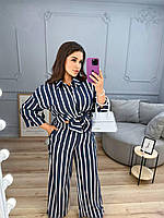 Жіночий літній брючний котоновий костюм у смужку (Батал), фото 7