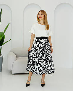 Жіноча плісирована спідниця міді Стейсі чорна принт №2 літня, костюмний шовк