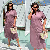 Фрезове літнє лляне плаття-сорочка з поясом із мереживним оздобленням батал, фото 2