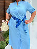 Блакитне літнє лляне плаття-сорочка з поясом із мереживним оздобленням батал, фото 6