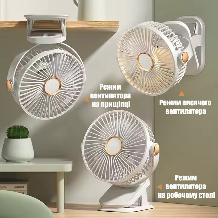 Акумуляторний вентилятор з прищіпкою, 5 швидкостей, 3 режими світла, USB Type-C, 1200мАч, фото 1