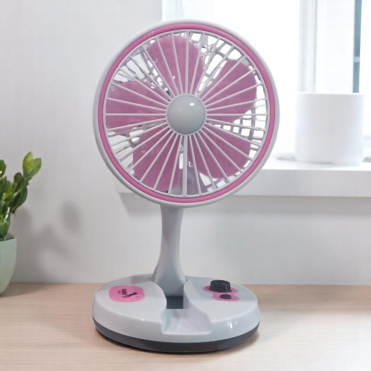 Настільний акумуляторний вентилятор YS-M2026 з підсвіткою, 3 швидкості, USB/батарейки, рожевий, фото 1